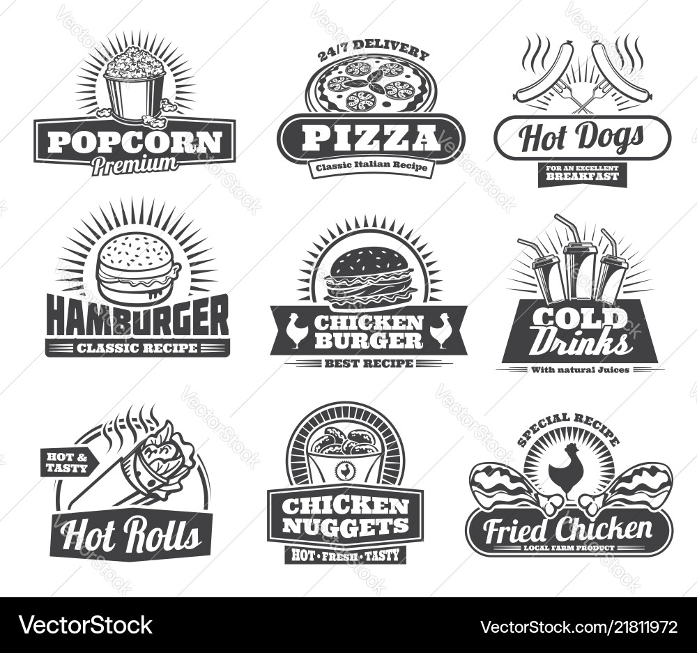 Fast food meals pizza and snacks retro icons Fast food meals pizza and snacks retro icons vector image