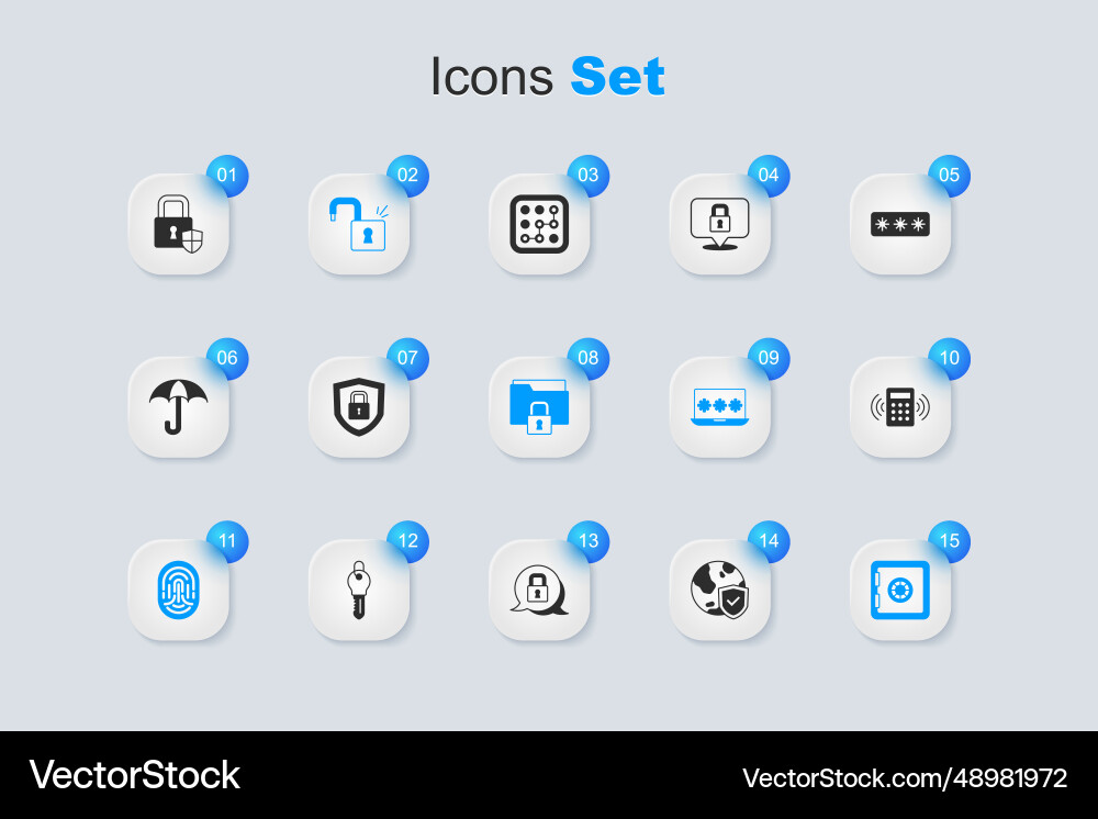 Set shield with world globe security lock open Set shield with world globe security lock open vector image