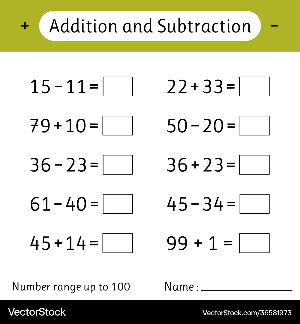 Addition and subtraction number range up to 100 vector image