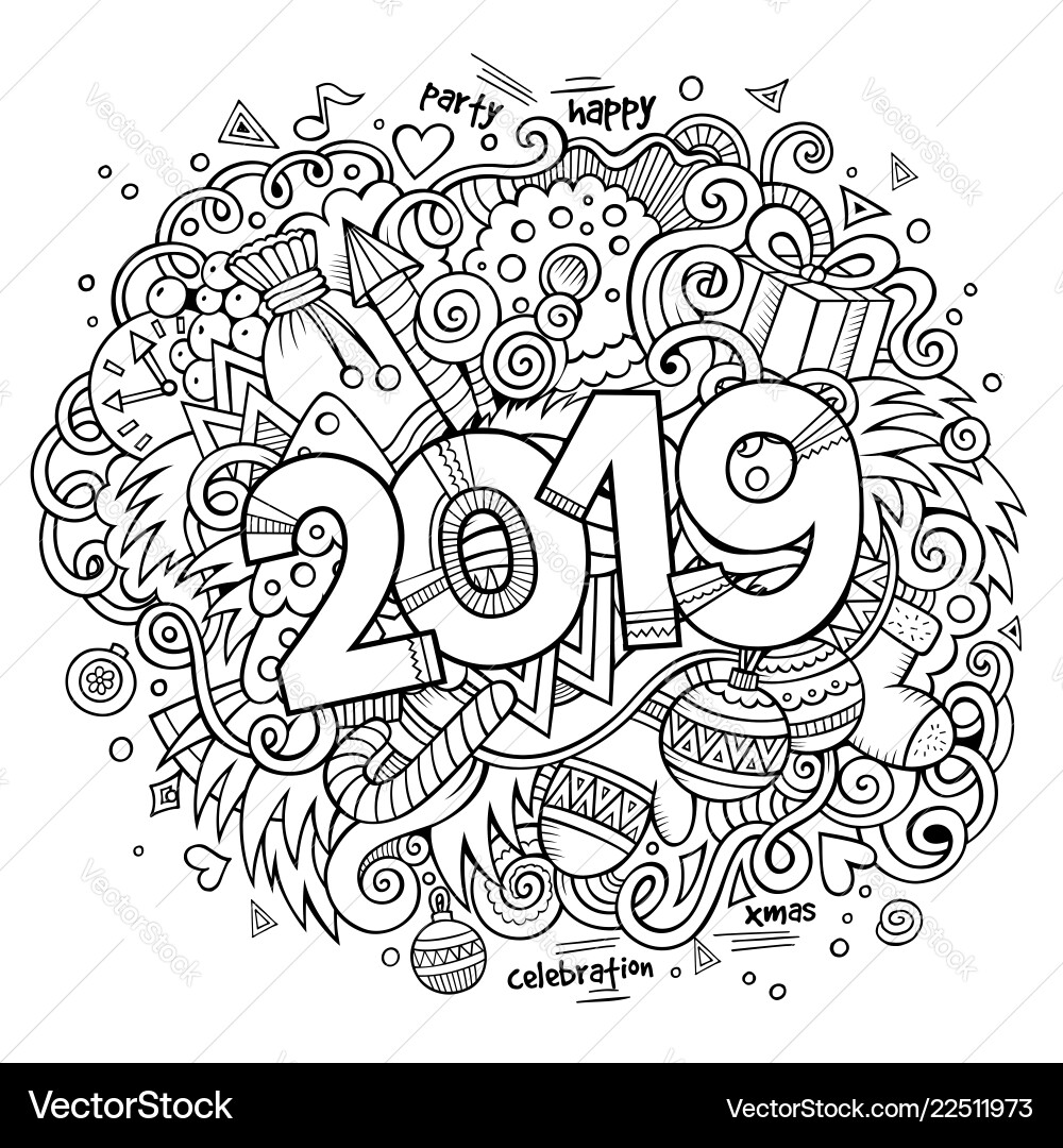 Cartoon cute doodles hand drawn 2019 year Cartoon cute doodles hand drawn 2019 year vector image