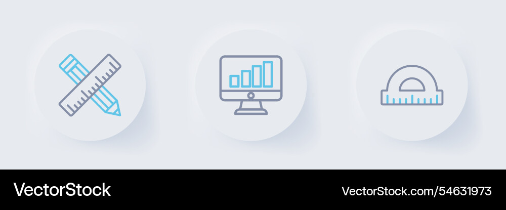 Set line protractor computer monitor with graph Set line protractor computer monitor with graph vector image