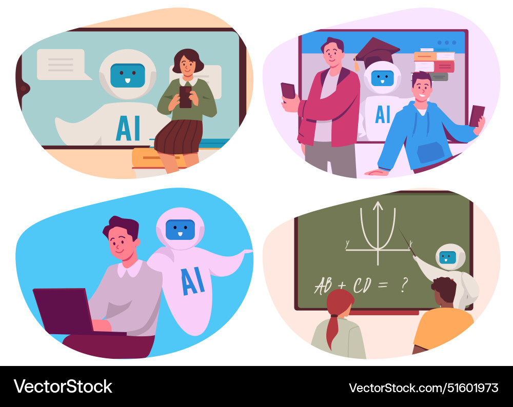 Set of people learning with ai robots flat style Vector Image
