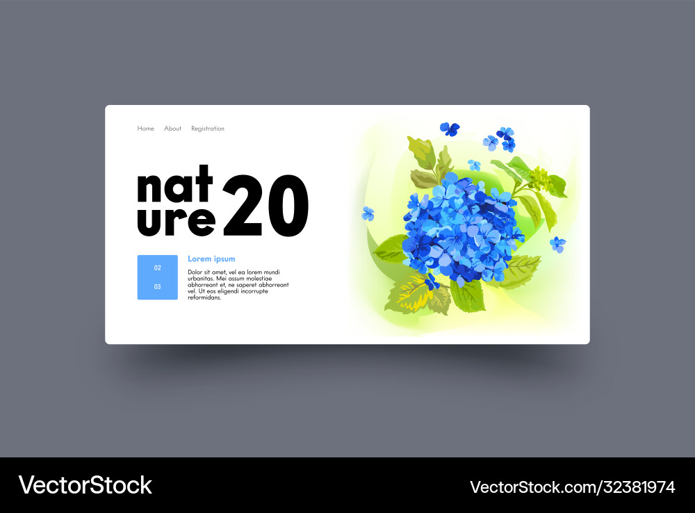 Landing Page Design mit blauen hydrangea Blumen Landing Page Design mit blauen hydrangea Blumen vektorbild