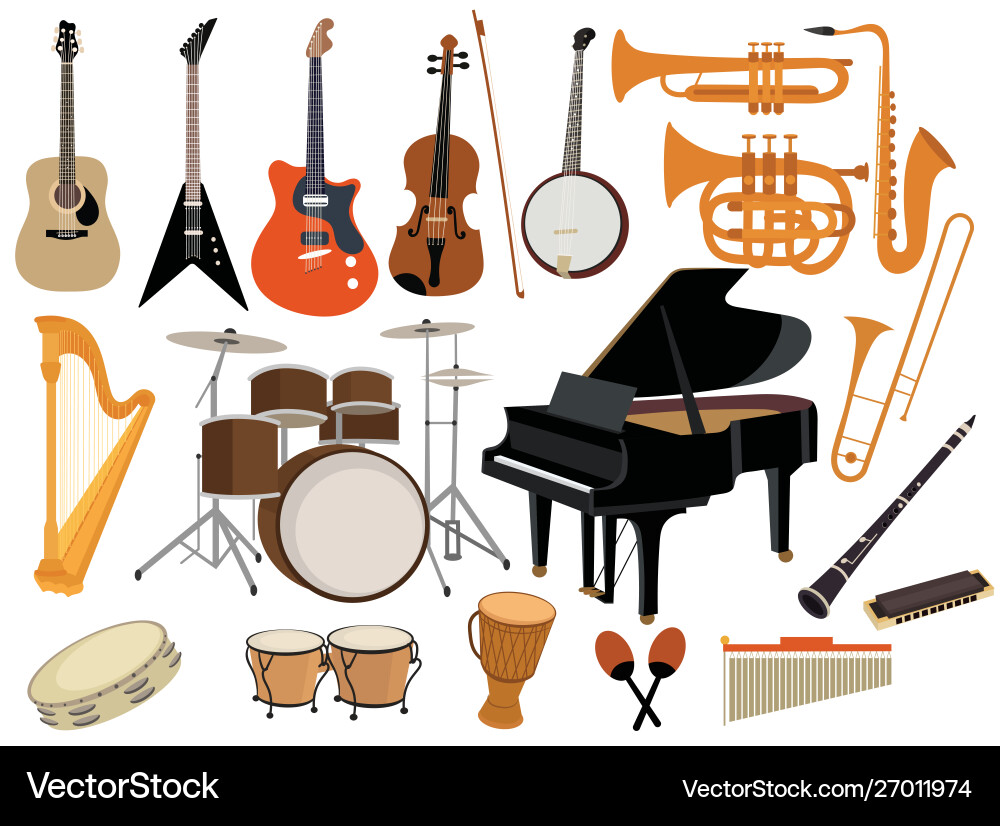 Set musical instruments collection cartoon Set musical instruments collection cartoon vector image