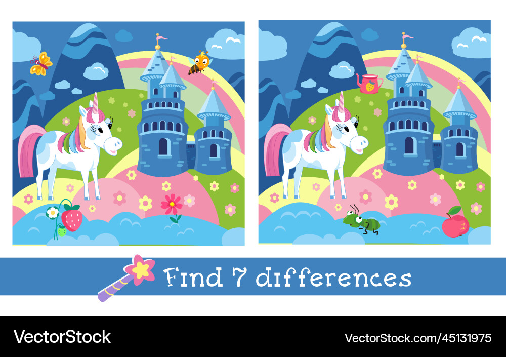 Find 7 Hidden Differences - Unicorn Game vector image