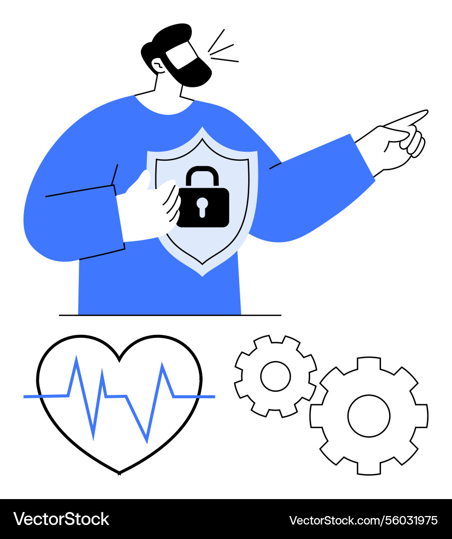 Man holding shield with padlock symbol pointing Man holding shield with padlock symbol pointing vector image