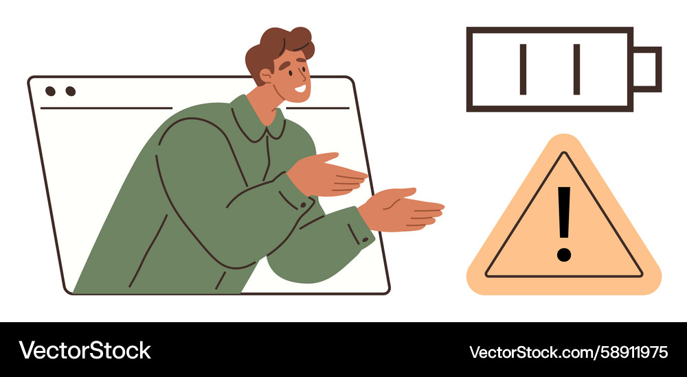 Man in browser window highlighting battery low Vector Image