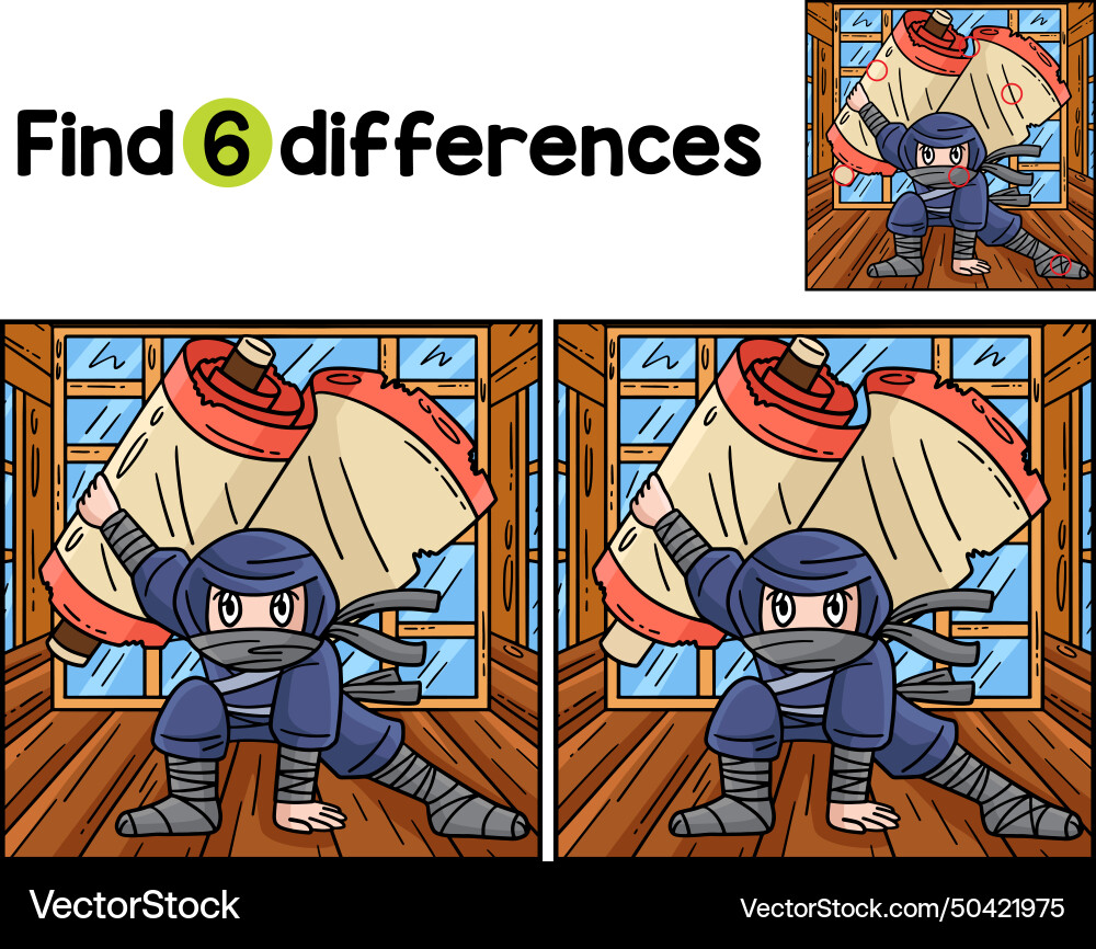 Ninja with jutsu scroll find the differences Vector Image