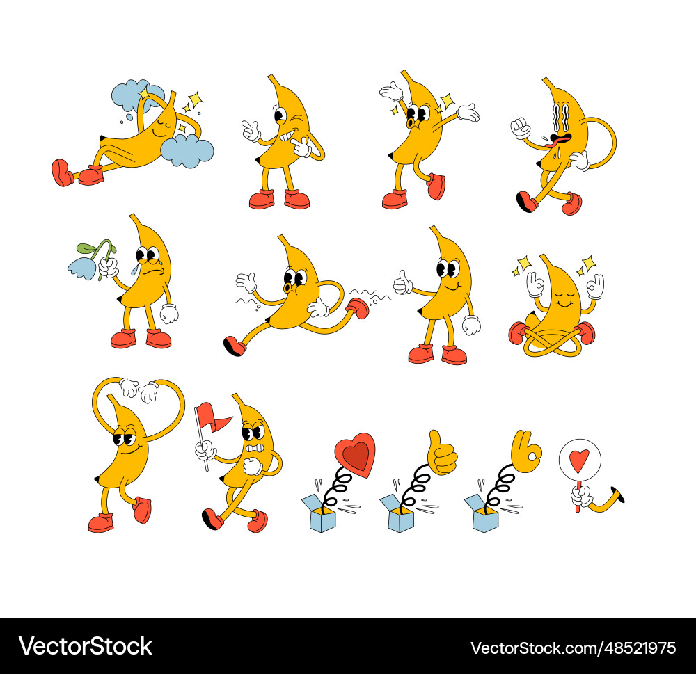 Set of banana characters with different emotional Set of banana characters with different emotional vector image
