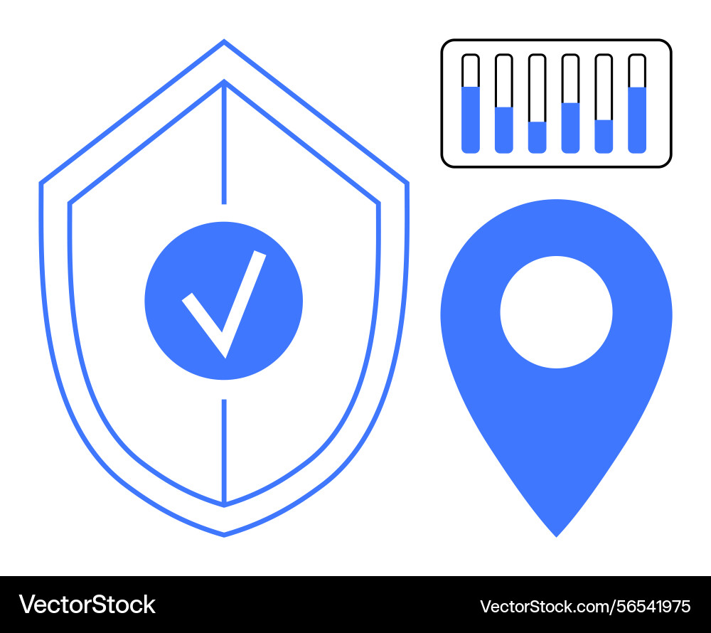 Shield with checkmark location pin and bar graph vector image