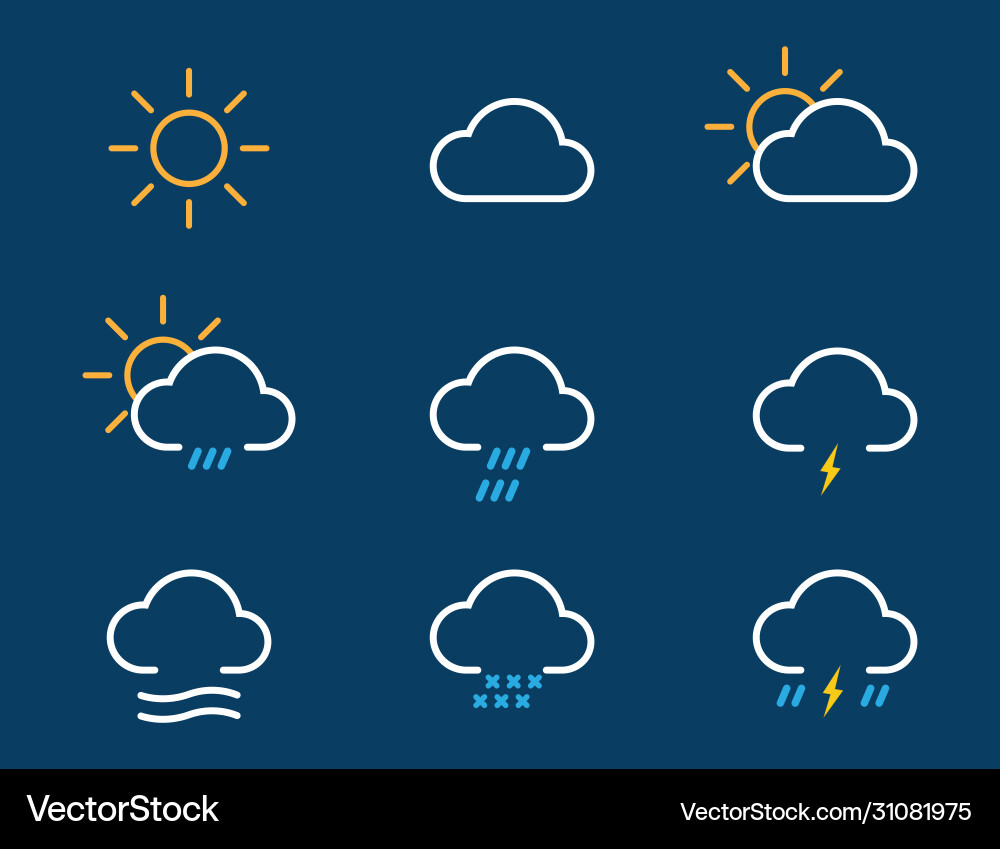 Simple weather icons set with sun wind rain snow Simple weather icons set with sun wind rain snow vector image