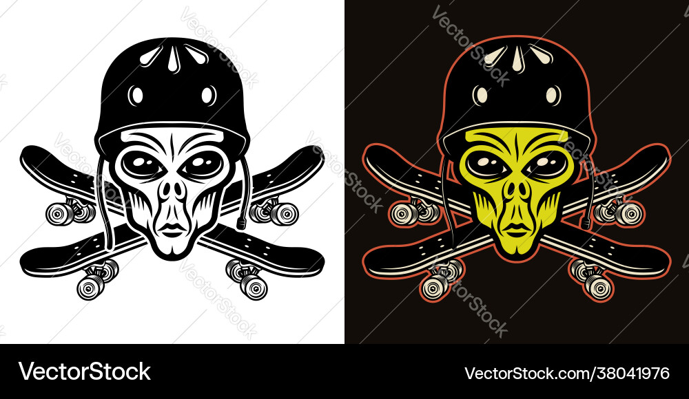 Alien head in helmet and two crossed skateboards vector image