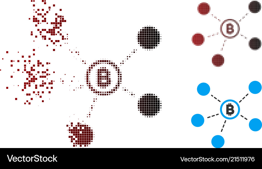 Broken pixel halftone bitcoin network icon Broken pixel halftone bitcoin network icon vector image