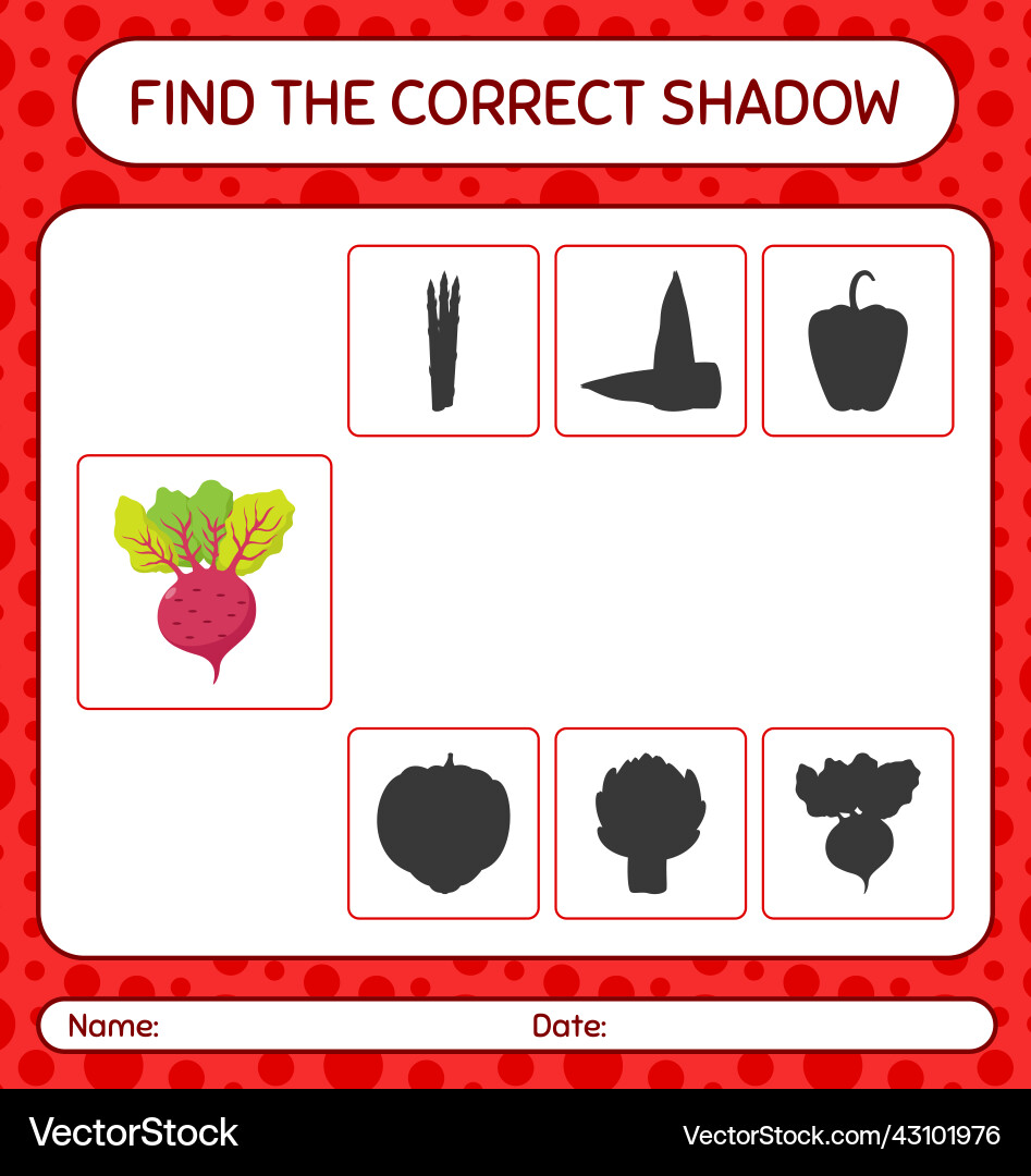 Find the correct shadows game with beet root Find the correct shadows game with beet root vector image