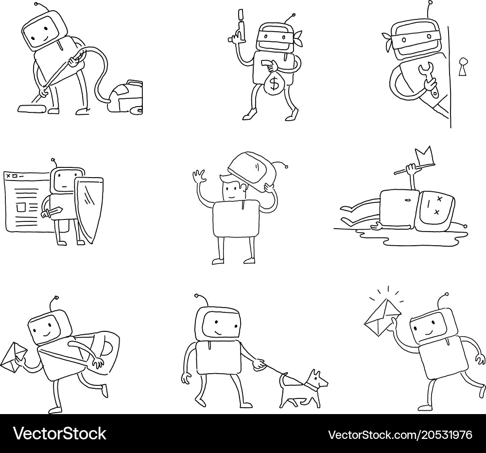 Sketch robot set character with business house Vector Image