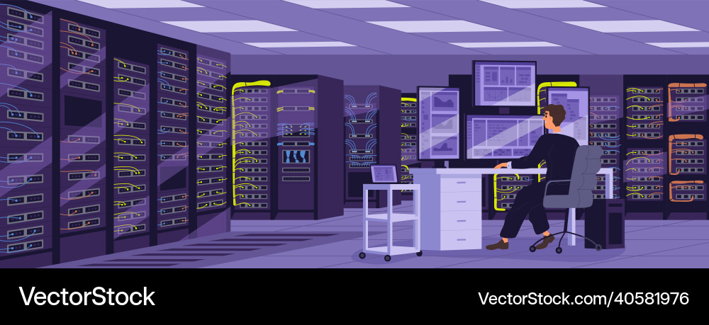 Sysadmin am Computer im Serverraum mit Speicher Sysadmin am Computer im Serverraum mit Speicher vektorbild