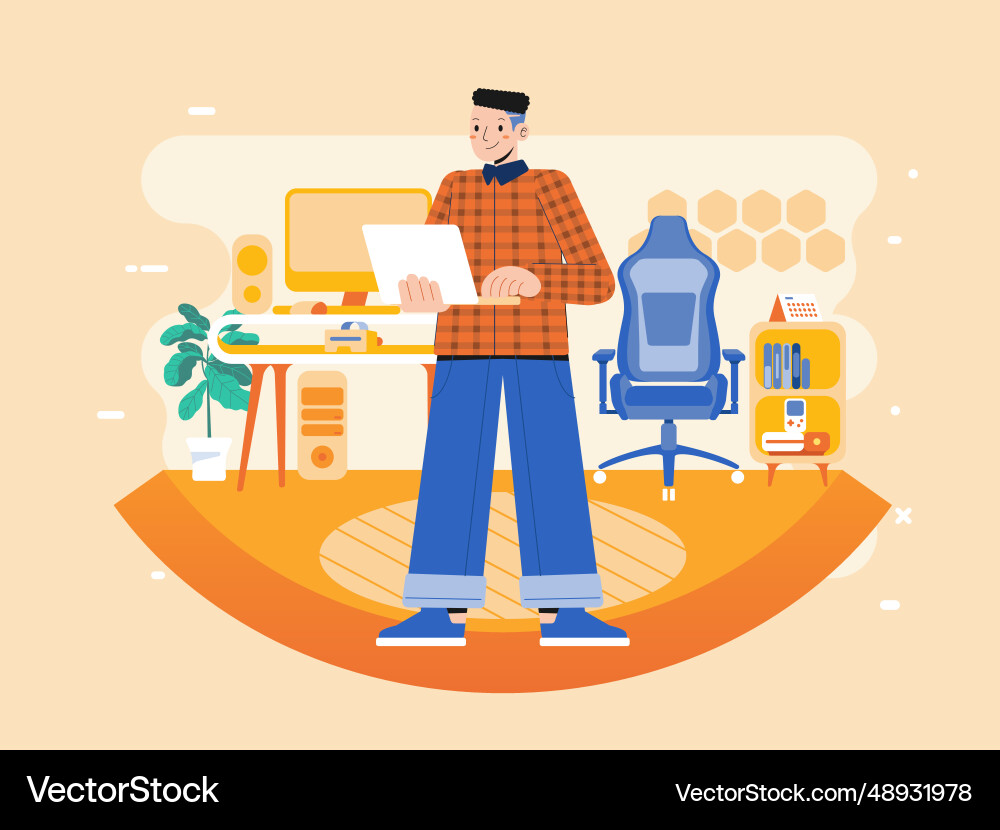 Young man working as programmer at her desk Vector Image
