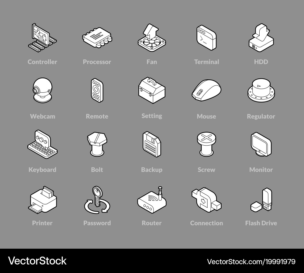 Isometric Computer Icons - Outline Set Vector Image