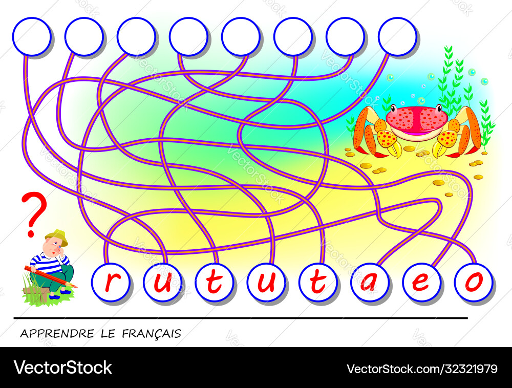Learn french logic puzzle game with cute crab Learn french logic puzzle game with cute crab vector image