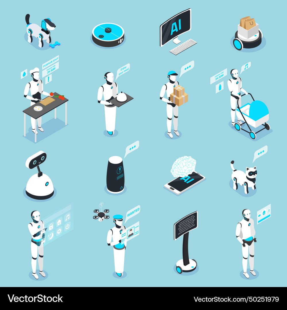 Robots isometric icons collection Robots isometric icons collection Vector Image