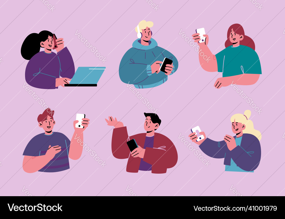 Set of people with mobile phones gadget addiction Set of people with mobile phones gadget addiction vector image