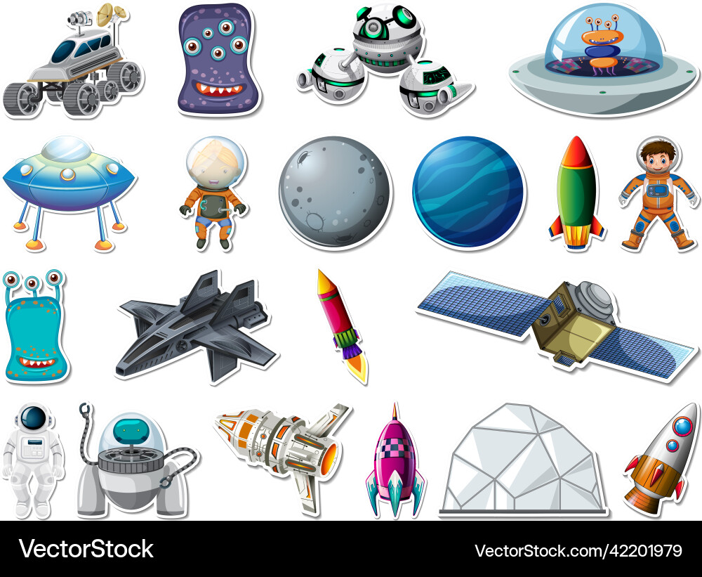 Sticker set of outer space objects and astronauts Sticker set of outer space objects and astronauts vector image