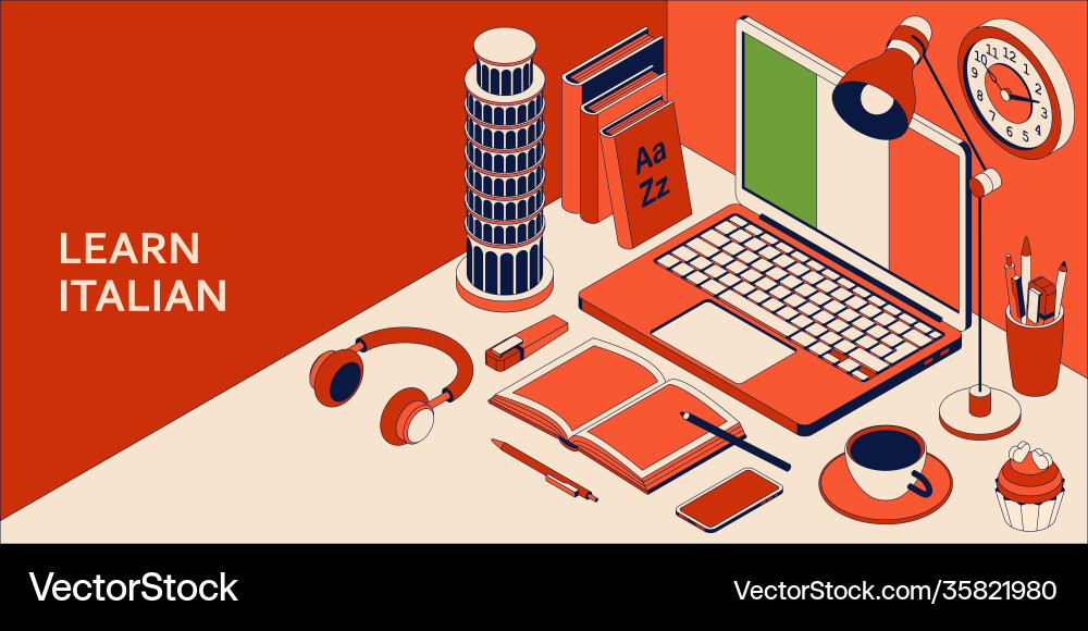 Learn italian language isometric concept with open Learn italian language isometric concept with open Vector Image