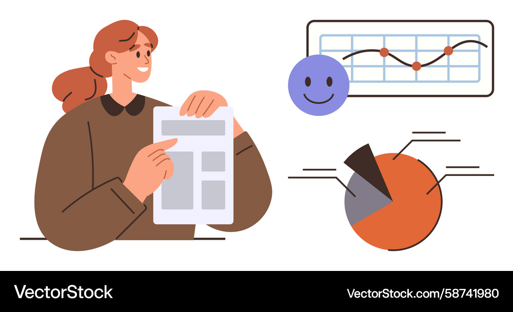 Woman analyzing charts and data with line graph Woman analyzing charts and data with line graph Vector Image