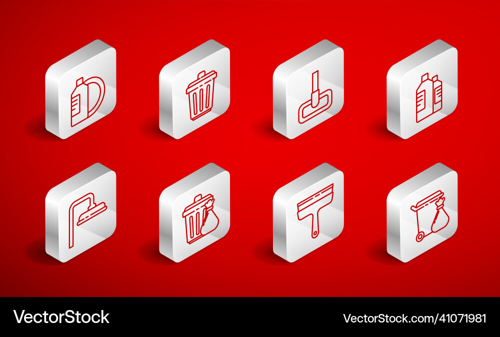 Set line trash can and garbage bag mop bottles Set line trash can and garbage bag mop bottles Vector Image
