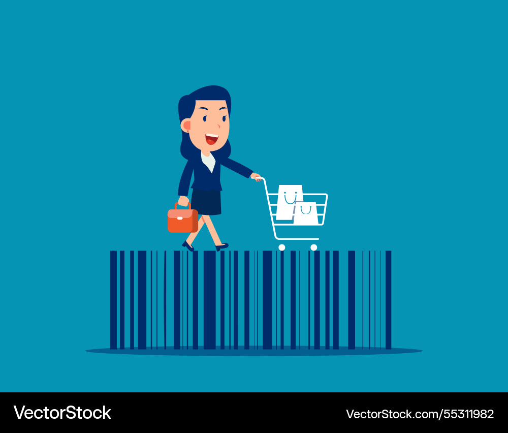 Customer and shopping cart over shop barcode Customer and shopping cart over shop barcode vector image
