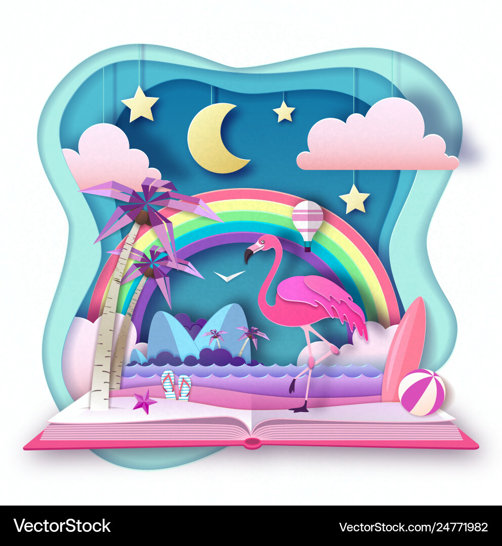 Open fairy tale book with flamingo and tropic Open fairy tale book with flamingo and tropic Vector Image
