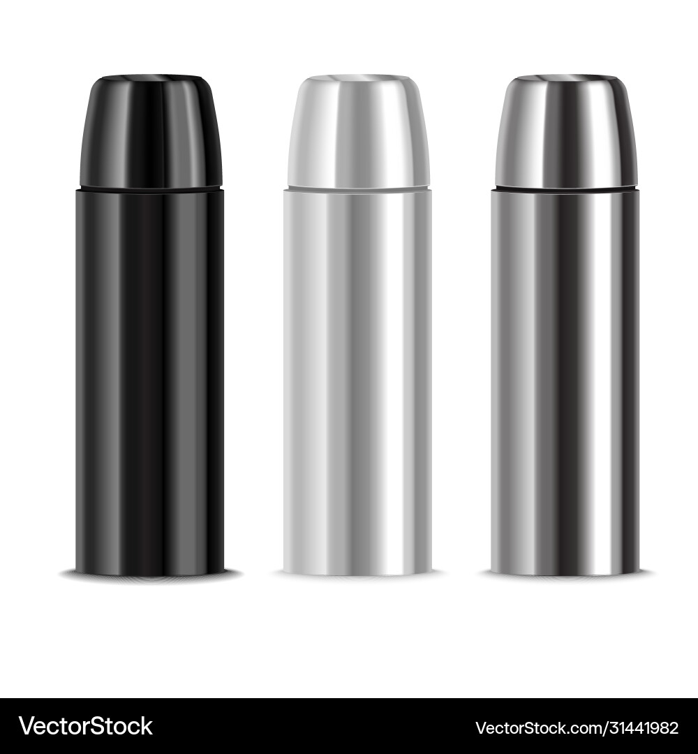 Realistic 3d detailed shiny metal thermos set Realistic 3d detailed shiny metal thermos set vector image