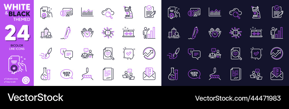 Microscope confirmed and bitcoin chart line icons Vector Image