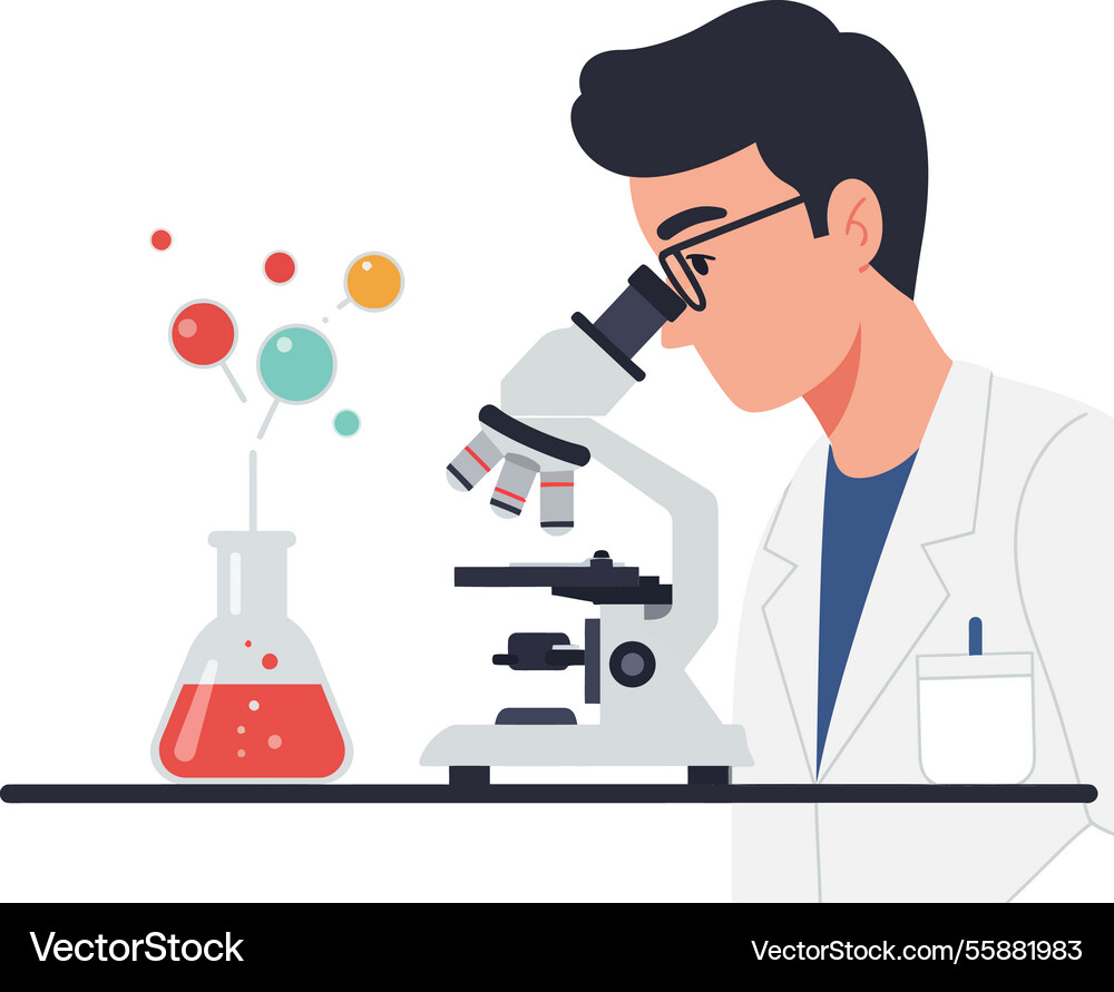 Scientist examining samples with microscope Vector Image