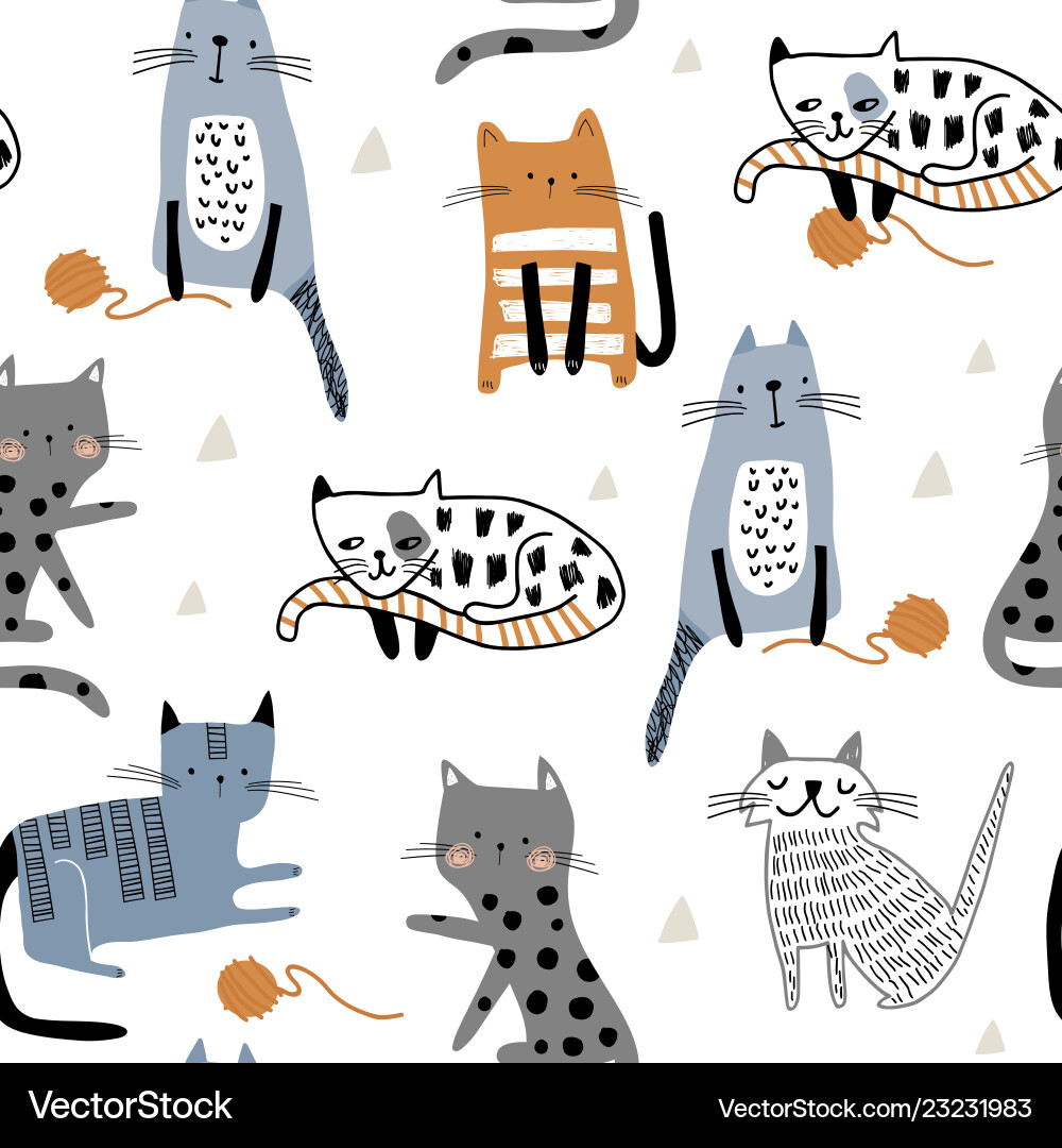 Seamless pattern with cute kittens in different Seamless pattern with cute kittens in different vector image