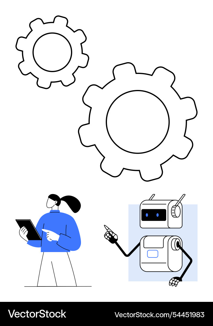Technology scene with cogs robot and a person Technology scene with cogs robot and a person vector image