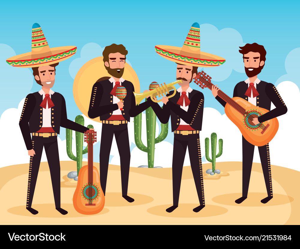 Group mexican mariachis with instruments – Royalty-Free Vector | VectorStock, image size:1000x830