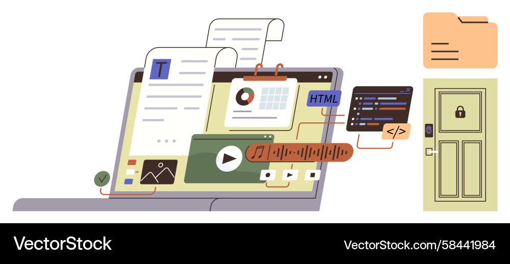 Laptop with multimedia content and programming Laptop with multimedia content and programming Vector Image