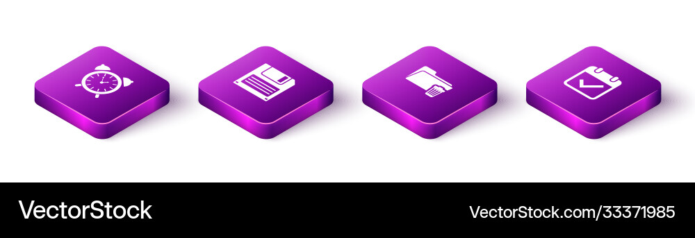 Set isometric alarm clock floppy disk delete Set isometric alarm clock floppy disk delete vector image