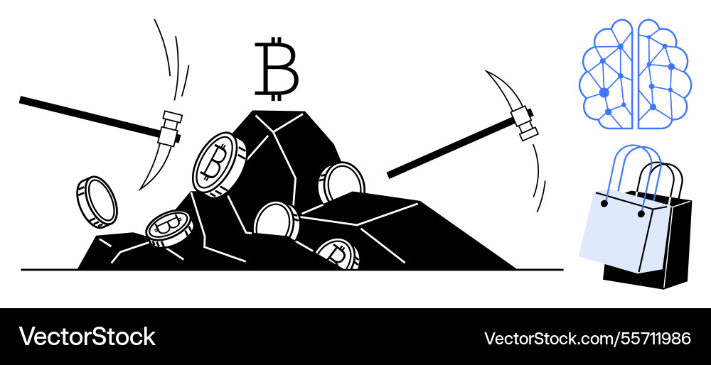 Bitcoin mining with pickaxes symbolizing Bitcoin mining with pickaxes symbolizing vector image