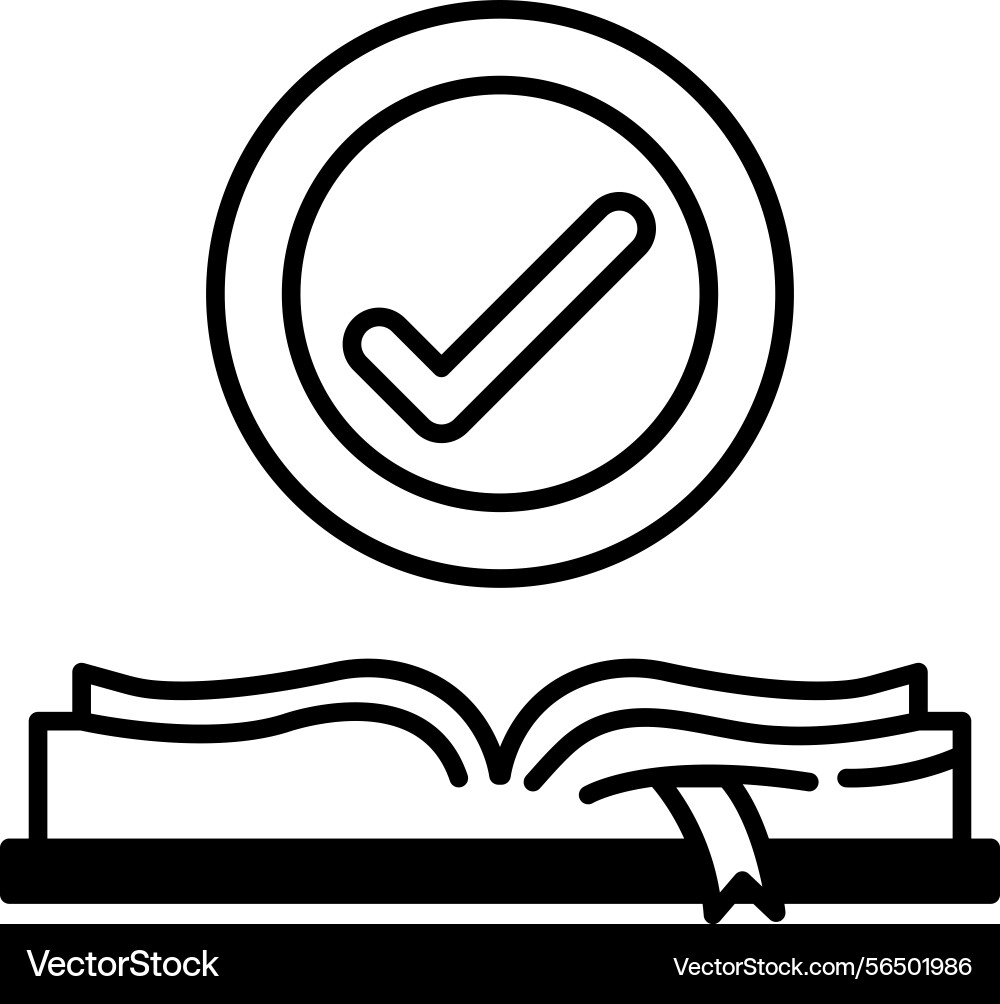 Circle with a check mark is on top of an open book Circle with a check mark is on top of an open book Vector Image