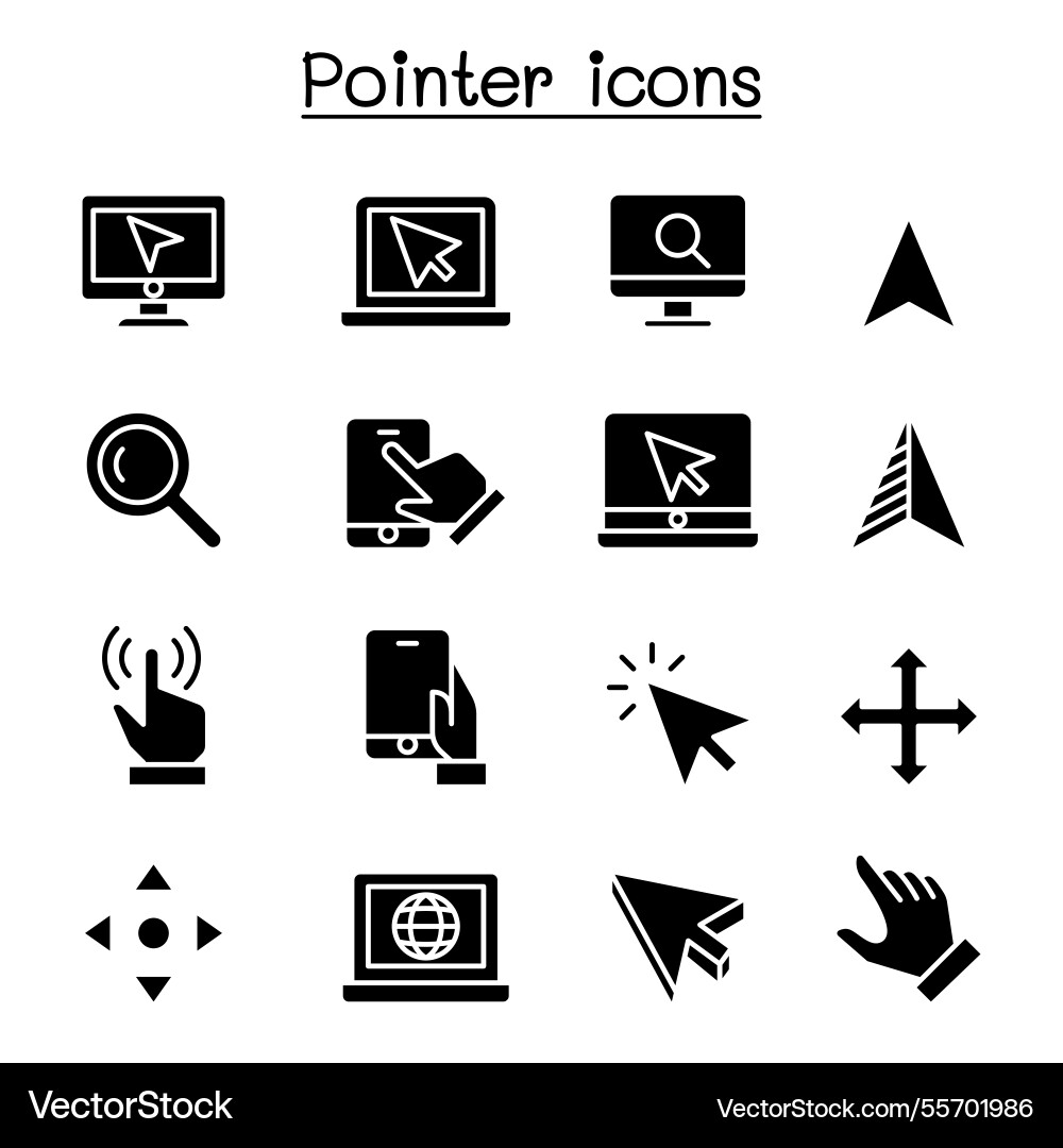 Pointer and cursor icon set in glyph style Pointer and cursor icon set in glyph style Vector Image