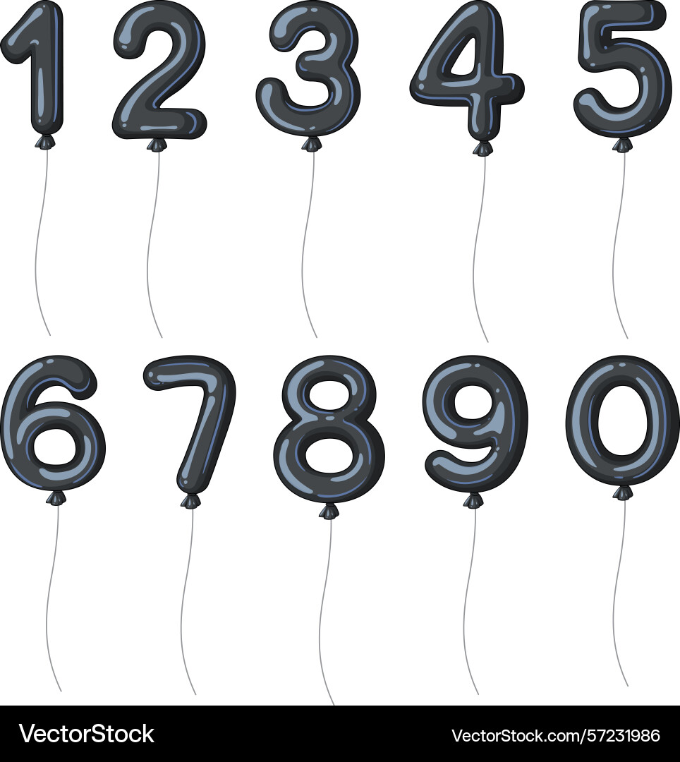 Set of black number balloons with strings vector image
