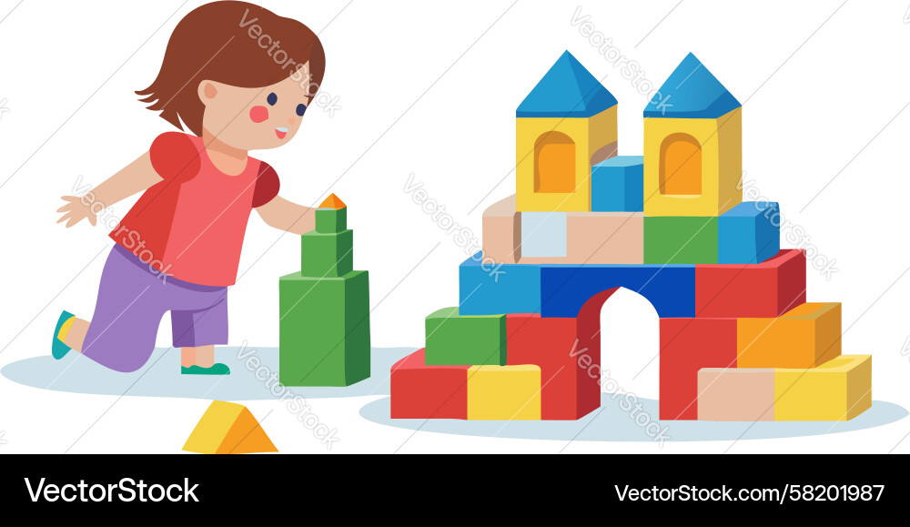 Child constructing a castle with colorful blocks Vector Image