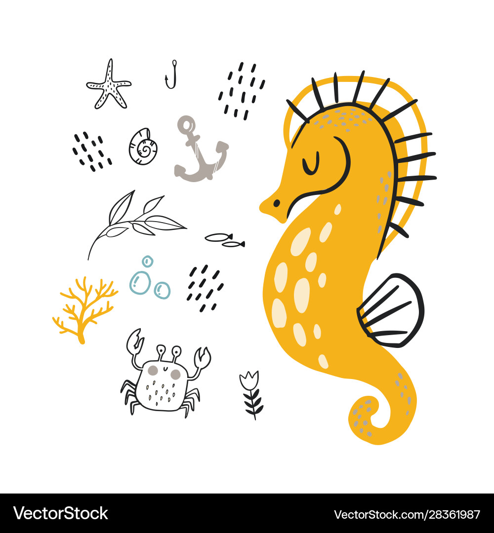 Doodle seahorse underwater life pattern Doodle seahorse underwater life pattern vector image