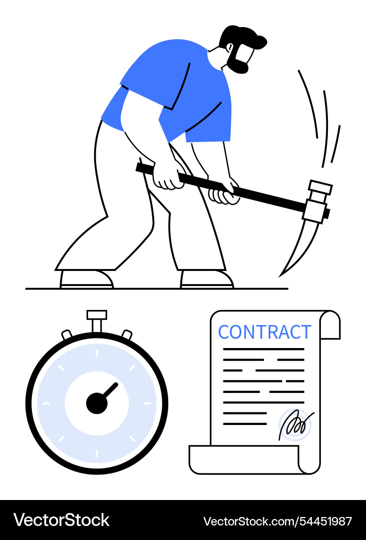 Worker with pickaxe clock and signed contract Worker with pickaxe clock and signed contract vector image