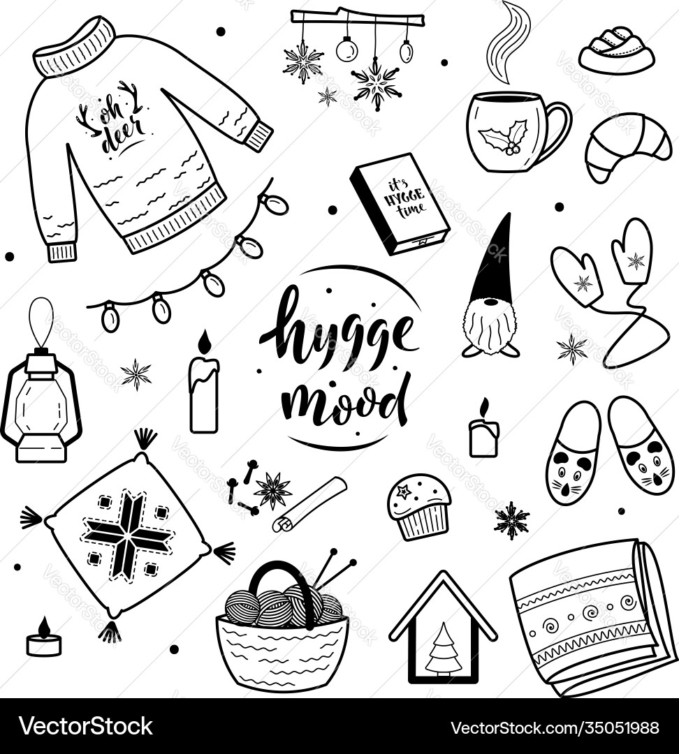 Big set hygge lifestyle cozy elements Big set hygge lifestyle cozy elements Vector Image