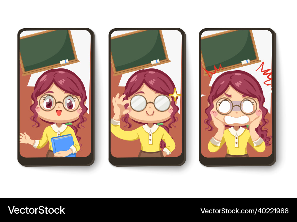 Card emotion of female teacher in classroom Card emotion of female teacher in classroom vector image