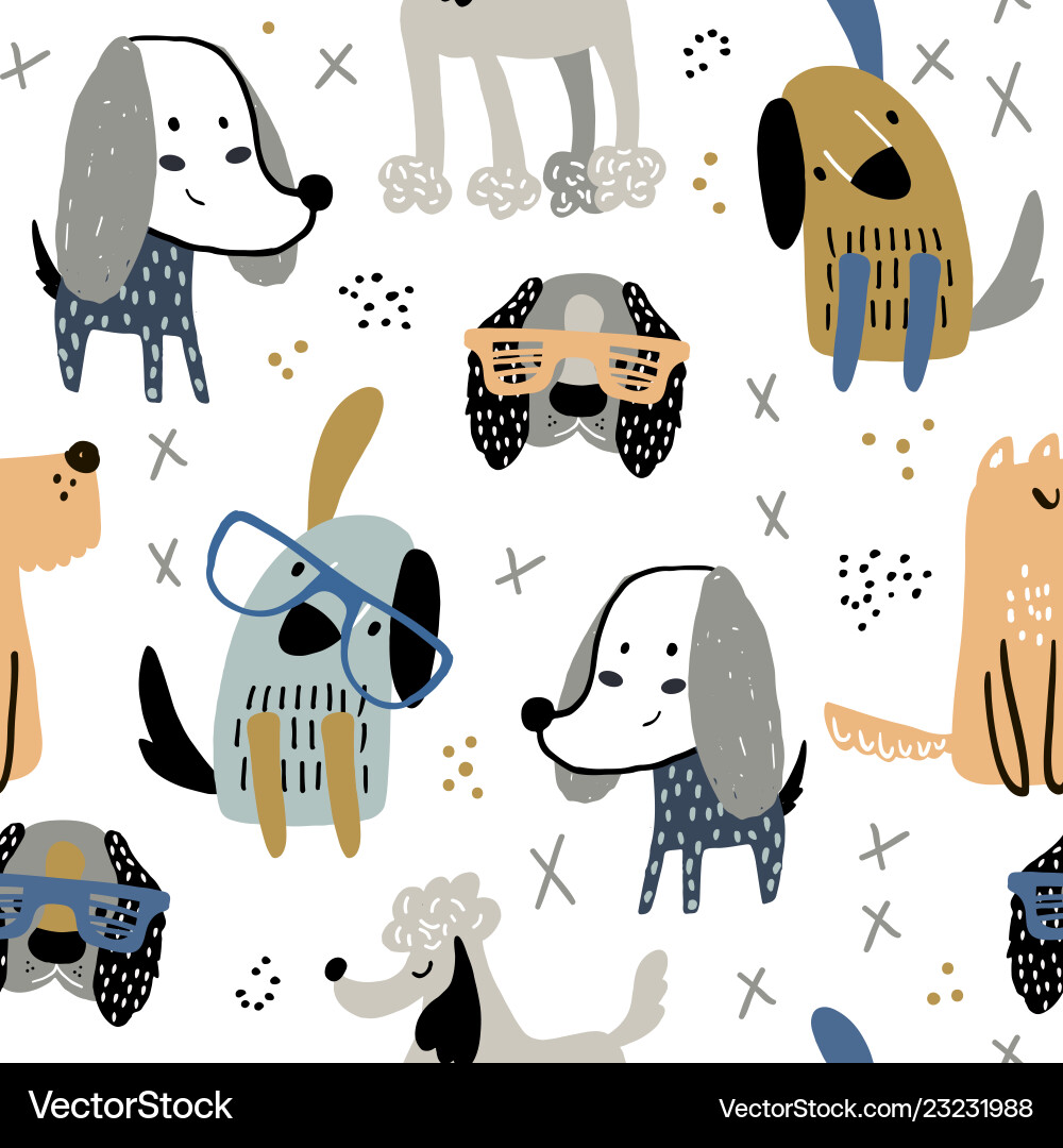 Childish seamless pattern with funny creative dogs