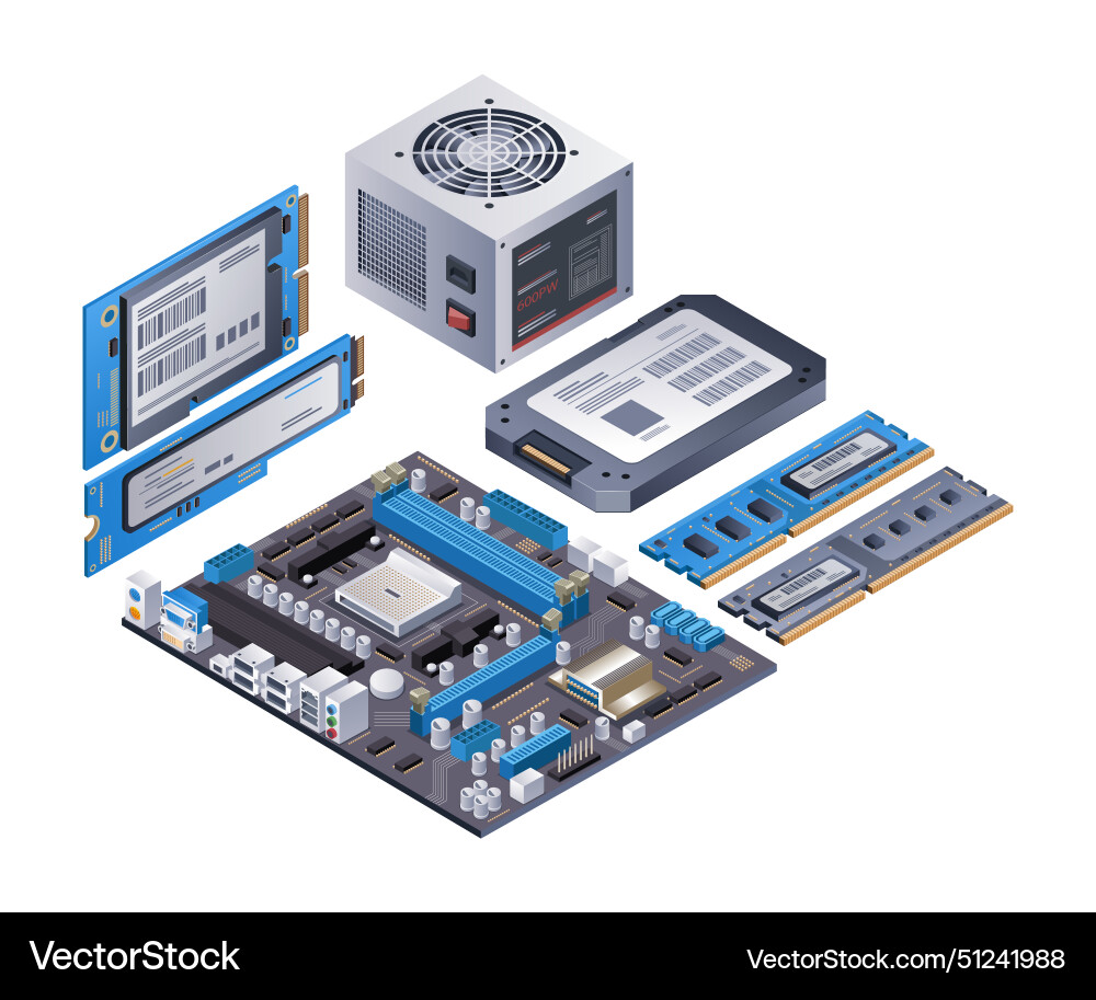 Computer Hardware Components - Isometric Set vector image